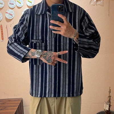 复古七分袖套头条纹衬衫