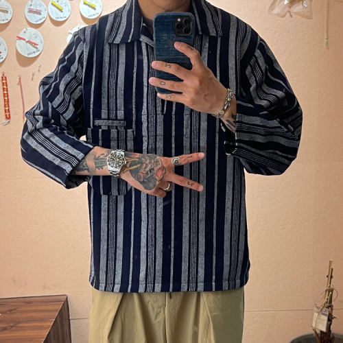 复古七分袖套头条纹衬衫