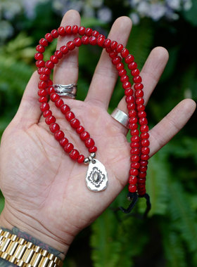 实心银珠唐草太阳图腾项链吊坠