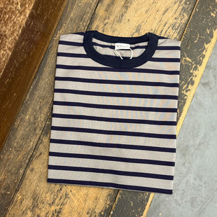 Workers Japan质感上乘 日本制重磅复古灰蓝海魂条纹圆领短袖T恤