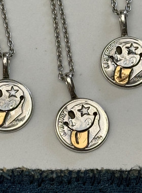 NORTH WORKS 日本手作古董银币铜币改造吐舌星星眼笑脸项链