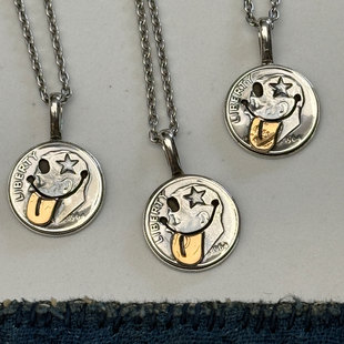 NORTH WORKS 日本手作古董银币铜币改造吐舌星星眼笑脸项链