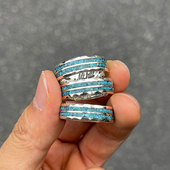 层次分明 Hill 天然松石粉末不规则手工敲边硫化做旧银制戒指