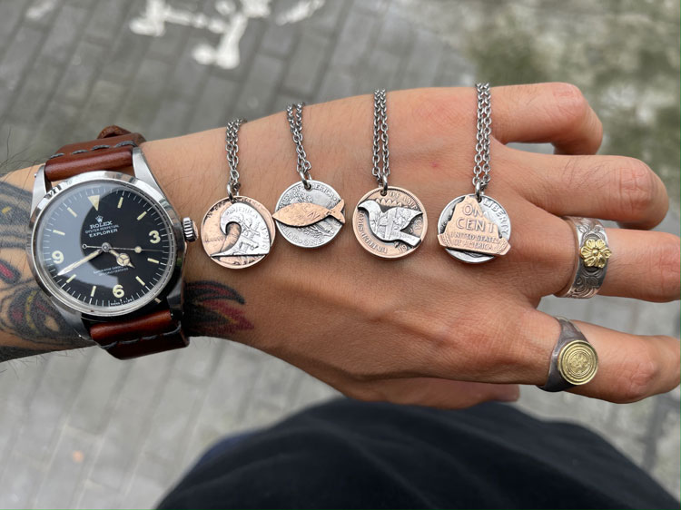 north works 日本手作古董银币铜币改造鱼山脉飞鸽海浪造型项链