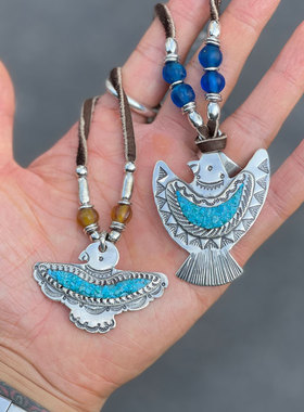 松石粉末银珠古董琉璃珠雷鸟项链