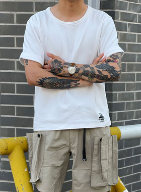 Double Indigo重磅水洗做旧骷髅印花复古炭黑色&白色三本针T 恤