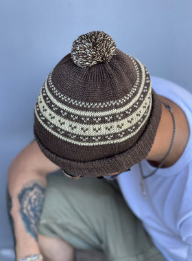 MIGHTY SHINE 复古情侣款 羊毛混纺撞色提花毛球观察员毛线冷帽