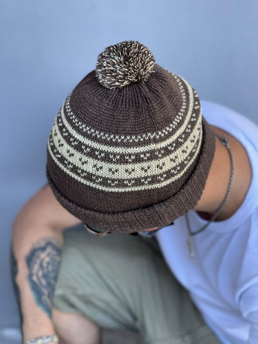 撞色提花毛球观察员毛线冷帽