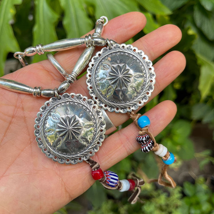 Mt Hill 日本手打 古董贸易琉璃珠银管图腾太阳银饼项链套装