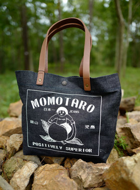 MOMOTARO桃太郎 13OZ粉色桃子赤耳原色牛仔印花牛皮手提托特包