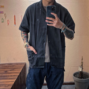 Workers Japan 清爽透气 100%全亚麻复古工装双口袋短袖度假衬衫