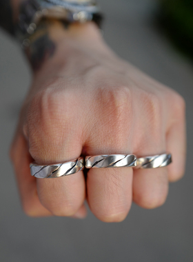 复古螺旋风切925全银戒指