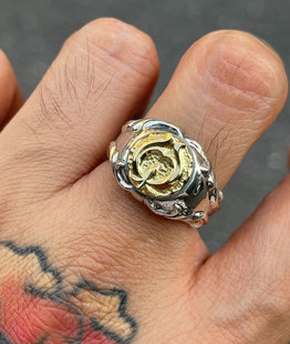 Dear 18K金特大月牙点金3D立体高肉唐草复古银戒指 Blossom