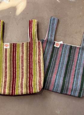 Go Hemp 情侣款 100%羊毛尼泊尔制超级重磅条纹撞色毛线手提包