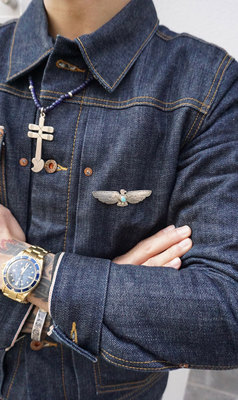 Lucky John 日本手作天然松石雷鸟&公牛仿古董印第安造型银胸针