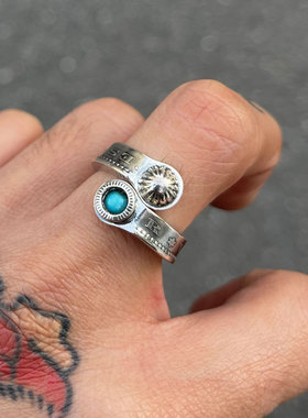 古董摩根银币松石银贝蛇型戒指