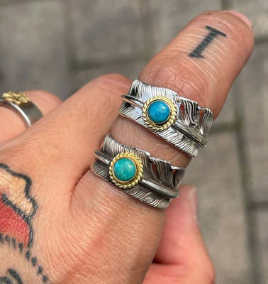 18K金绳天然松石羽毛复古戒指