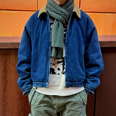 Double Indigo 石洗古着感做旧灯芯绒领羊毛内衬蓝色牛仔风雪夹克