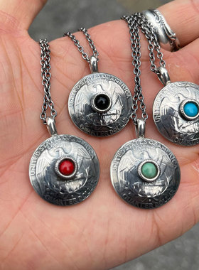 古董摩根银币改造月抛型松石项链