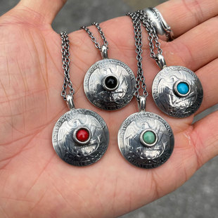 North Works复古情侣款 25美分古董摩根银币改造月抛型松石项链