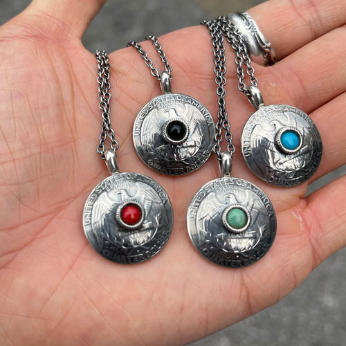 古董摩根银币改造月抛型松石项链