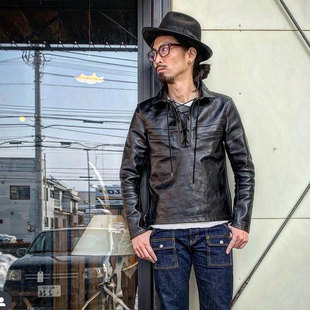 Fountainhead 木村款 日本制水波摔纹茶芯马皮半开领复古机车衬衫