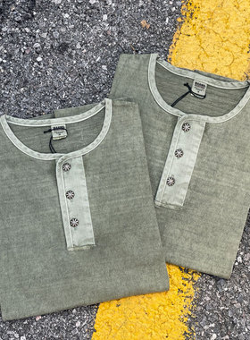 BARNS  日产老式梭织机制重磅面料复古合金菊花扣亨利领短袖T恤