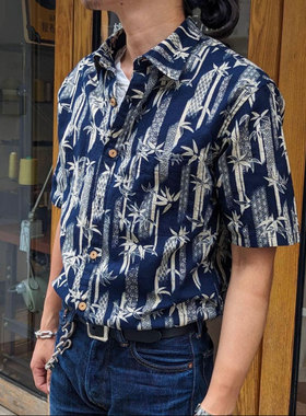 MOMOTARO桃太郎 可养落色 日本制深邃靛蓝染乱竹印花夏威夷衬衫