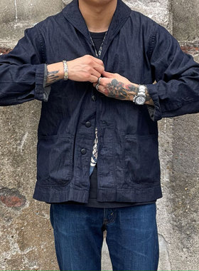 Workers Japan四季款6oz水洗做旧条纹丹宁复古青果领海军衬衫夹克