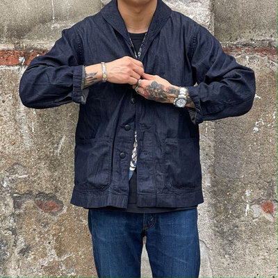 条纹丹宁复古青果领海军衬衫夹