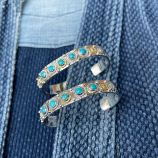 Dear 美国天然松石18K金金星金绳金钉印第安图腾复古手镯 Blossom