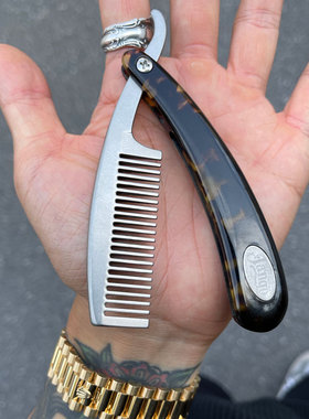 Jango 日本手工制 纯钛金复古玳瑁色手柄折刀式油头梳子