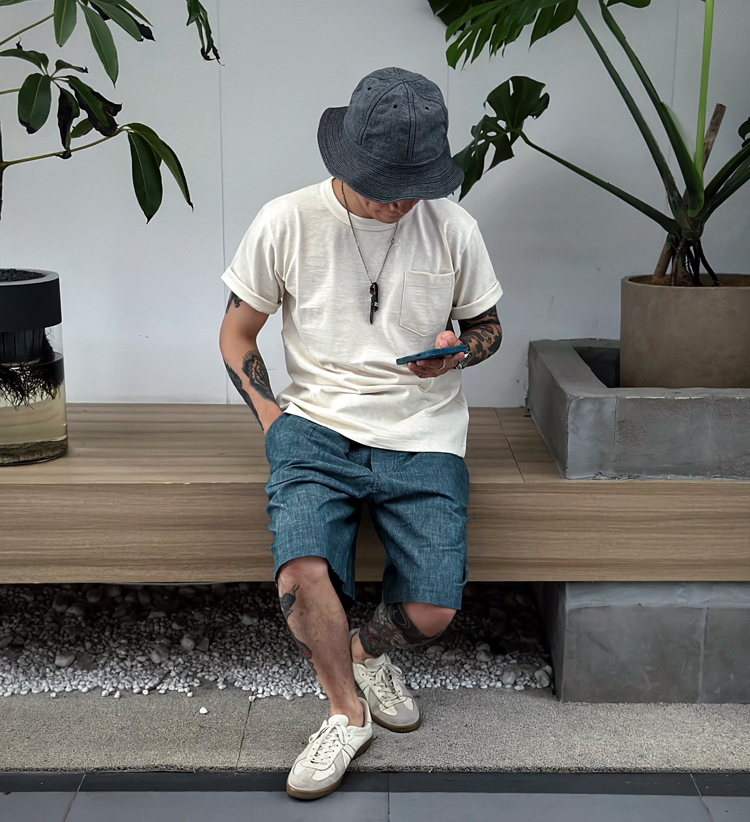 透气轻磅蓝染法国亚麻工装短裤