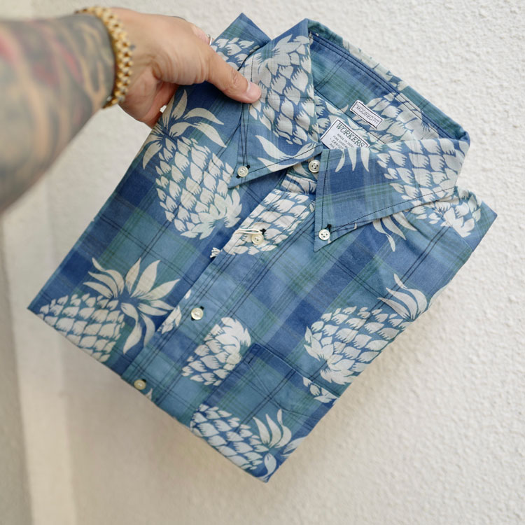 蓝染复古格子菠萝印花夏威衬衫