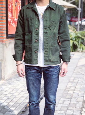 Tellason 男女同款 复古多袋军绿重磅斜纹布料工装夹克