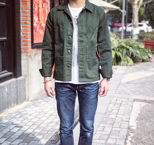 Tellason 男女同款 复古多袋军绿重磅斜纹布料工装夹克