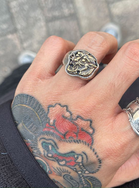 手打黄铜猛虎头925银做旧戒指
