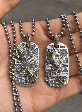 手工银饰涂鸦骷髅鎏金吊坠项链