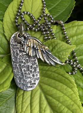 手工翅膀涂鸦鎏金狗牌吊坠银饰