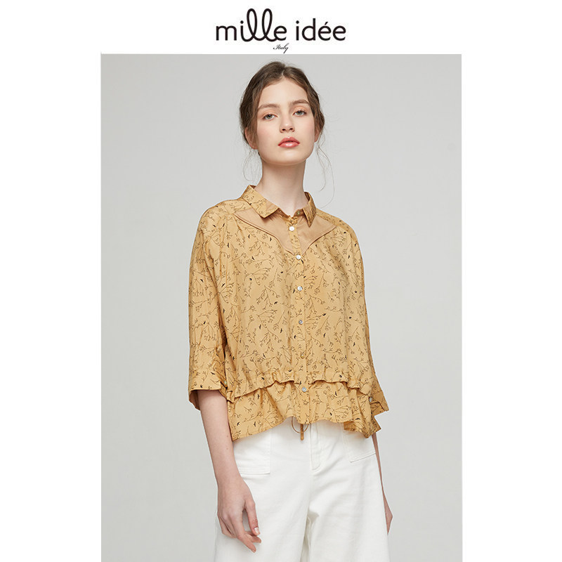 O.W|Mille idee 美兰玳 女新 满版碎花腰间抽带长袖衬衫10BW71B01