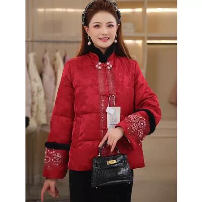 新中式国风女装重工刺绣亮片盘扣羽绒服外套女2026冬季新款外套