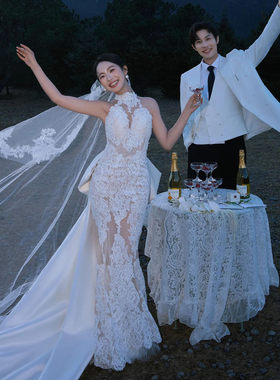 法式挂脖蕾丝鱼尾可拆卸拖尾婚纱