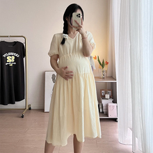 孕妇装连衣裙2024夏季新款中长款棉麻裙宽松遮肚洋气潮妈短袖薄款