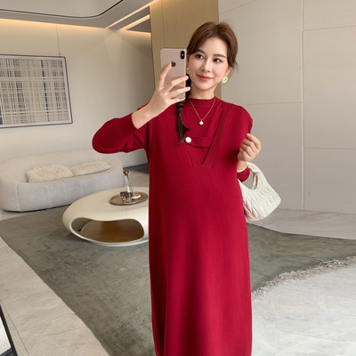 简育红色两件套孕妇针织连衣裙