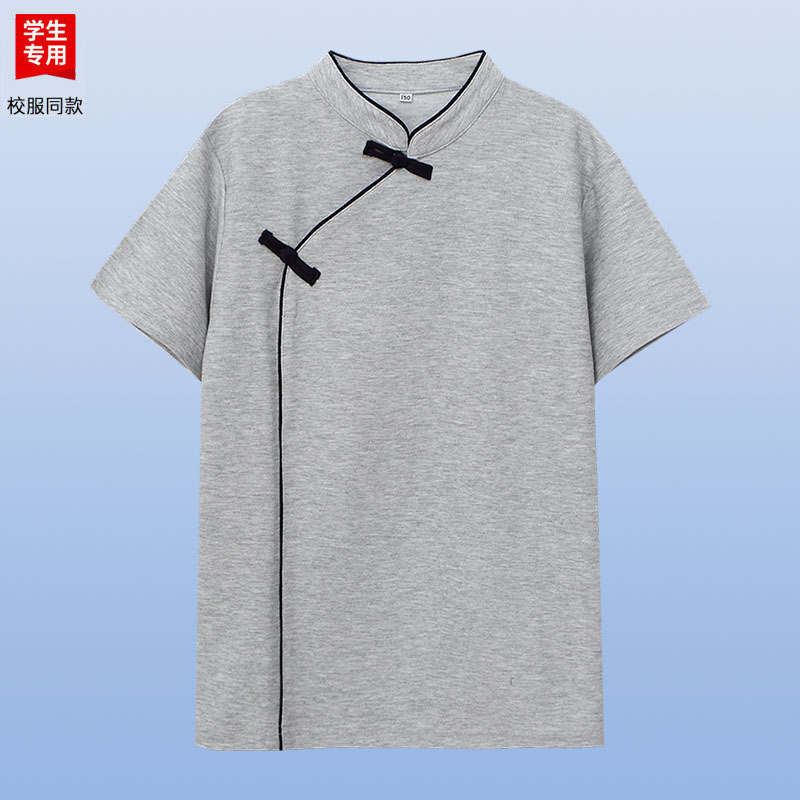 伊顿校服工厂夏季女款盘扣灰色短袖POLO衫学院风中小学生校园班服
