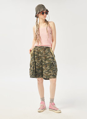 AIMEEWQ 25新款小怪兽运动纯棉斜纹面料专柜同款迷彩短裤 AMS0196