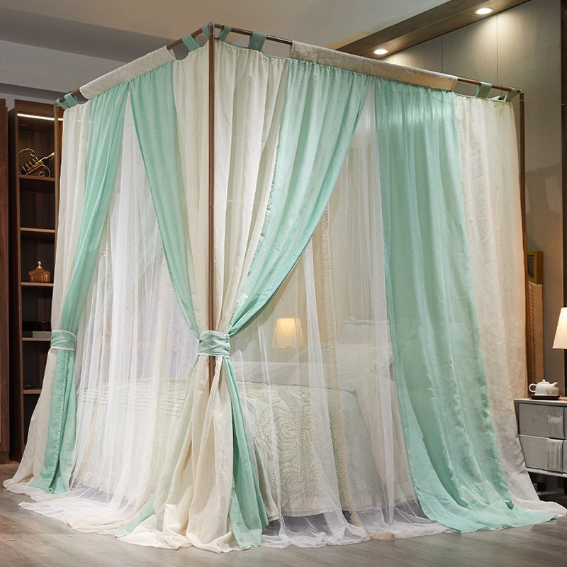 亚麻床幔宫廷落地蚊帐床帘加厚双层防尘遮光布幔家用加粗烤漆支架