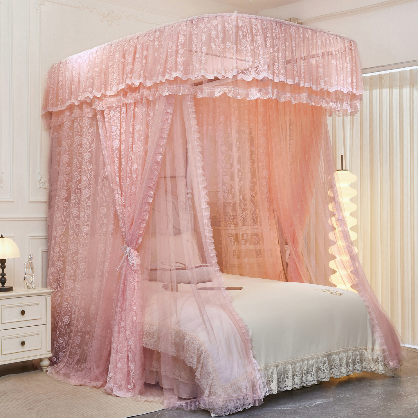 2026双层蕾丝u型导轨蚊帐三开门卧室家用1.8m公主风法式双轨床幔
