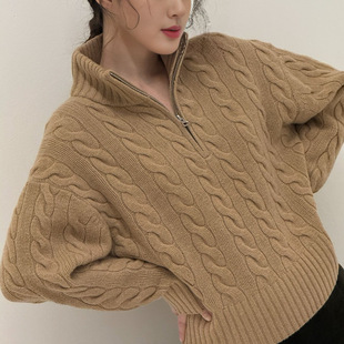 26秋冬新款 毛衣女宽松 拉夫半拉链绞花毛衣胸口战马刺绣立领长袖