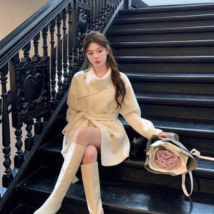 千金风羊毛大衣感小个子中长款双面呢围脖领系带短款毛呢外套